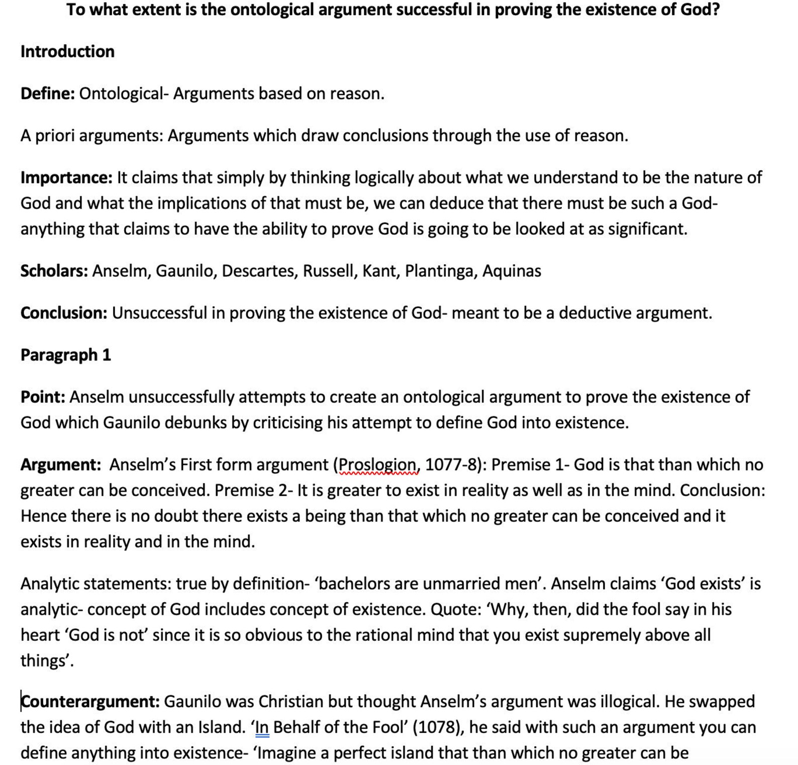 The Ontological Argument - College Essay Examples