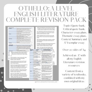 OTHELLO REVISION PACK- Complete with 11 Essay Plans, A Quote Bank , A Critics Bank, Context & an Exemplar Essay