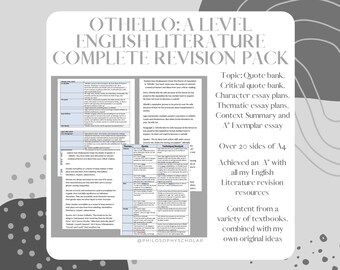 OTHELLO REVISION PACK- Complete with 11 Essay Plans, A Quote Bank , A Critics Bank, Context & an Exemplar Essay