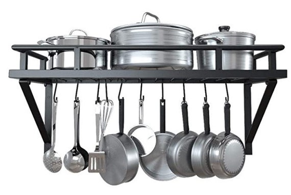 24 Inch Kitchen Wall Mount Pot Pan Rack Wall Shelf With 10 Hooks Matte Black, KUR215S60-BK