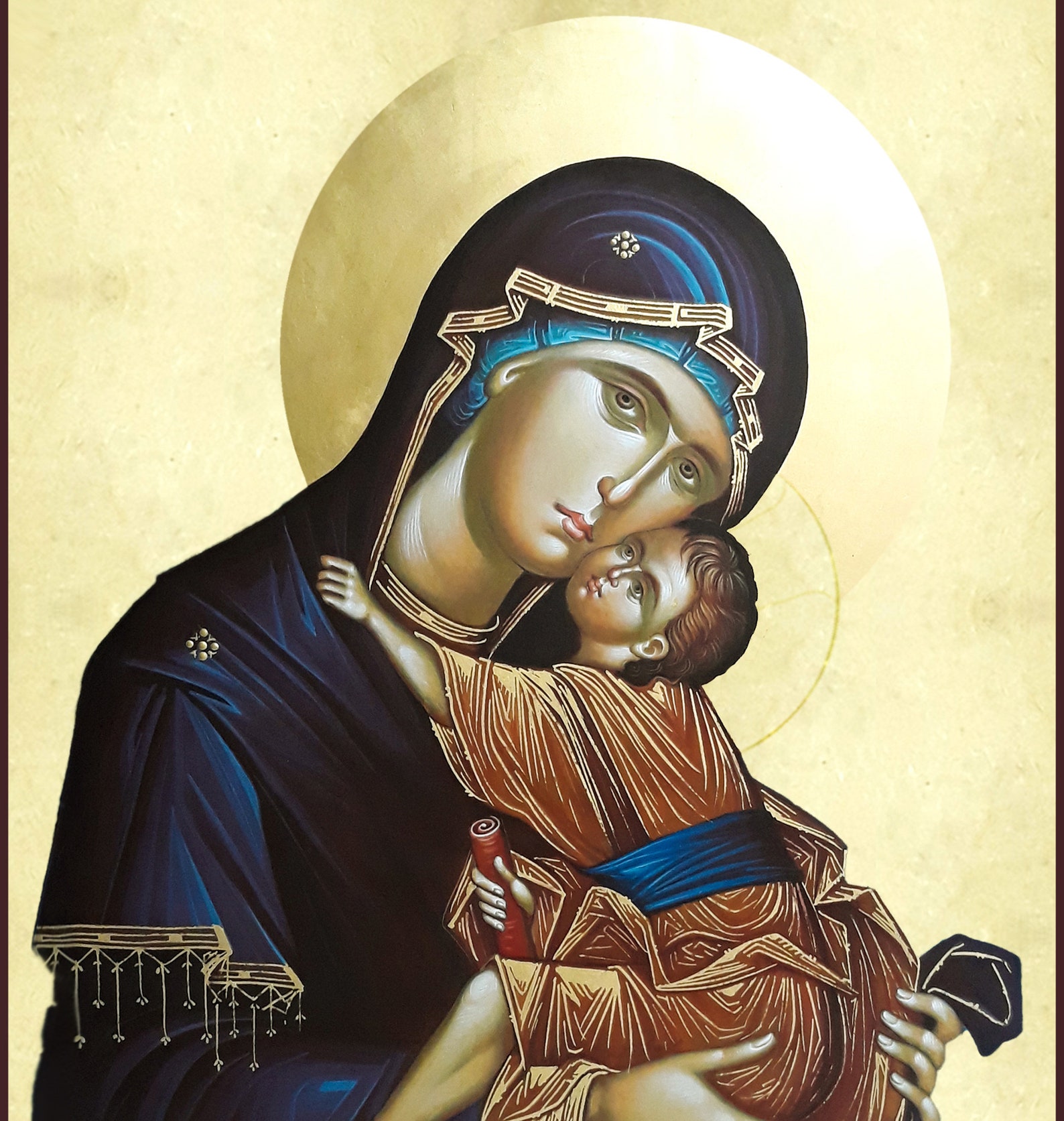 Greek Orthodox Handpainted Icon of Virgin Mary With Child Jesus Christ