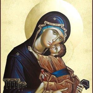 Grieks-orthodoxe handgeschilderde icoon van de Maagd Maria met kind Jezus Christus, Moeder van God
