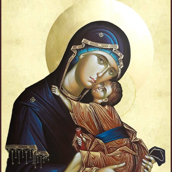 Greek Orthodox Hand-painted icon of Virgin Mary with  Child Jesus Christ,  Mother of God