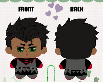 May include: A plush toy of a character, with front and back views. The front view shows a character with black hair, green eyes, and a red and gray outfit. The back view shows the character's back. A green beaded keychain accessory is included. Text reads "ROBIN PLUSHIE" and "KEYCHAIN ACCESSORY".