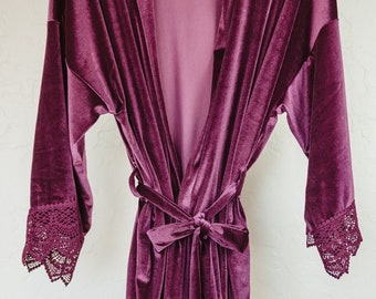 Velvet Robe with Lace: Bridal Party Gift, USA Made