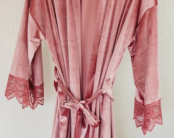 Velvet Bridesmaid Robe: Dusty Rose Lace Bridal Party Gift