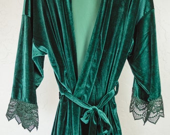 Emerald Green Velvet Robe with Lace Detail Perfect Christmas Gift for Her