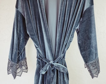 Velvet Bridesmaid Robe with Lace Detail - Wedding Gift