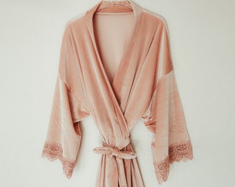 Blush Pink Velvet Bridesmaid Robe with Lace Trim