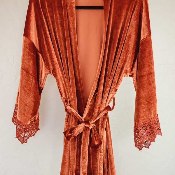 Velvet Robe with Lace Detail Bridesmaid Robe Wedding Gift for Bride or Bridal Shower Bridesmaid Proposal Gift Rust Boho Bridesmaid Robe