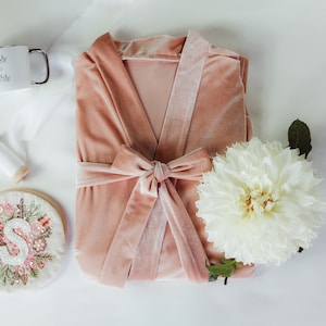 Blush Velvet Robe with Lace Detail for Bride and Bridal Party Gift for Wedding Blush Pink Color