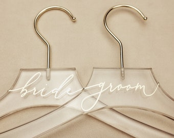 Bride Groom Personalized Wedding Gown and Bridesmaids Dress Hanger Shower Gift Acrylic Custom Names in Gold Rose Gold Champagne Calligraphy