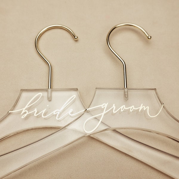 Bride Groom Personalized Wedding Gown and Bridesmaids Dress Hanger Shower Gift Acrylic Custom Names in Gold Rose Gold Champagne Calligraphy