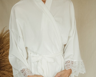 Velvet Bridal Robe with Lace Trim: Wedding Day Gift