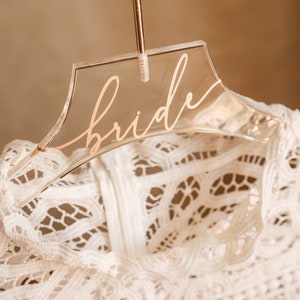 Personalized Wedding Gown and Bridesmaids Dress Hanger Shower Gift Acrylic with Custom Names in Gold, Rose Gold or Champagne Calligraphy