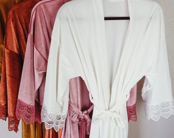 Bridal Velvet Robe with Lace Trim - Bridesmaid Gift