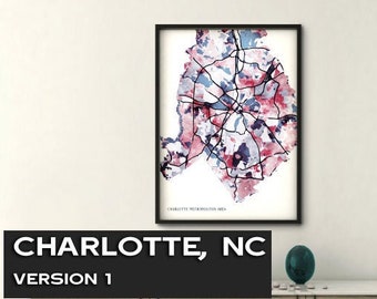 Wydruk cyfrowy | Charlotte, NC Wydruk artystyczny/ Wydruk na płótnie/ Wydruk plakatu/ The Queen City/ Sztuka abstrakcyjna/ Wydruk mapy/ Charlotte, Karolina Północna