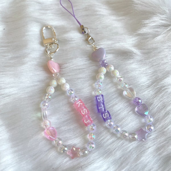 Cute Pink or Purple Bead Name or Initials Keychain Strap & Cellphone Charm