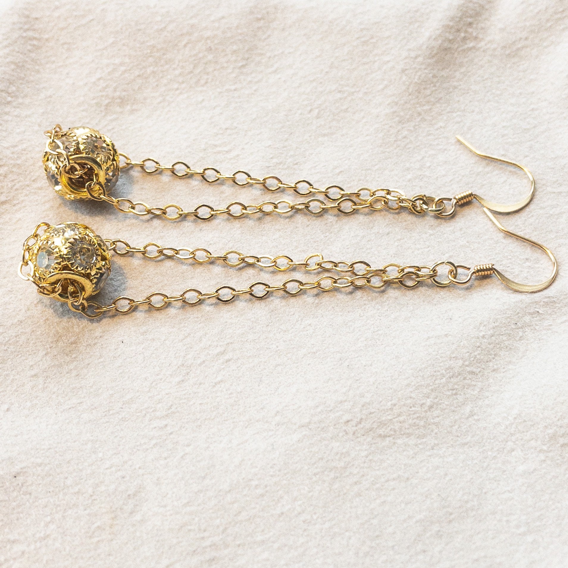 Gold chain dangle earrings with gold and crystal beads Etsy