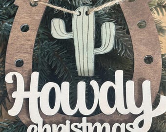 Howdy Christmas Horseshoe Ornament SVG | Western Laser Cut Bauble with Cactus | Rustic Country Holiday Decor | Western Inspired SVG Cut File