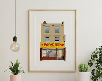 May include: A yellow and red illustration of a storefront with the text "Britain's First & Best Beigel Shop Est. 1953" above the entrance.