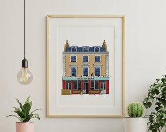 May include: A framed illustration of a yellow building with a teal awning and red door. The building has a sign that reads "Earl of Essex".