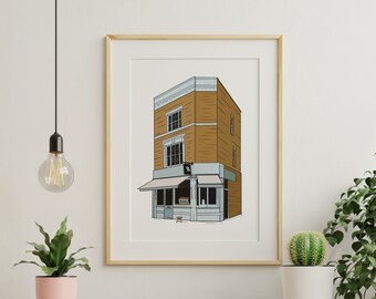 May include: A framed illustration of a three-story brick building with a storefront. The building is painted in shades of brown and beige, with a blue awning over the storefront. The storefront has a sign that reads "The Corner Store".