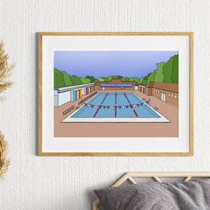 London Fields Lido Print Illustration Poster - Broadway Market East London