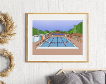 London Fields Lido Print Illustration Poster - Broadway Market East London