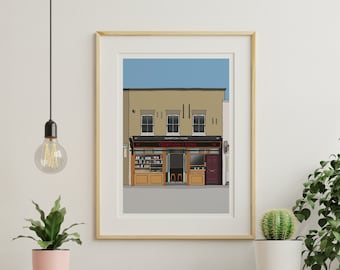 May include: A digital illustration of a storefront with a sign that reads "Climpson & Sons". The storefront is beige with brown window frames and a brown door. The windows are filled with various items, and the door has a small sign above it that reads "57". The sky is blue, and the ground is gray.