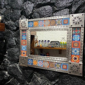 Talavera Mexican Mirror 21.5&quot; x 17.5&quot; Artisanal Mirror / Talavera Tile/ Folk / Mexican Decor/ Decorative Mirror/ Wall Mirror / Unique Mirror