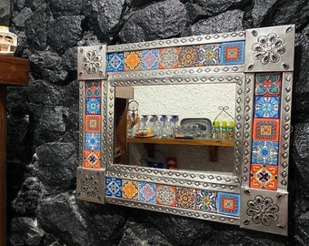 Talavera Mexican Mirror 21.5" x 17.5" Artisanal Mirror / Talavera Tile/ Folk / Mexican Decor/ Decorative Mirror/ Wall Mirror / Unique Mirror