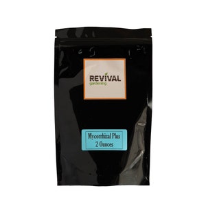 May include: A black resealable pouch with a white label that says "Revival gardening" and a blue label that says "Mycorrhizal Plus 2 Ounces".