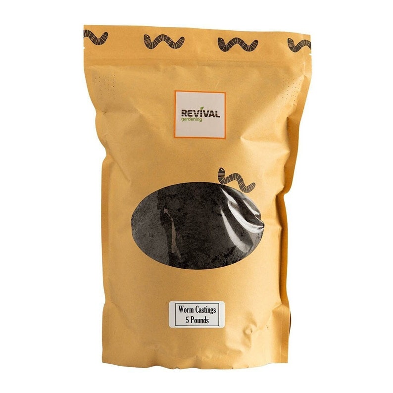 A brown resealable pouch with a white label that says 'Revival Gardening' and a worm illustration. The bag contains black worm castings and has a white label that says 'Worm Castings 5 Pounds'.