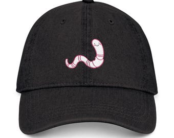 Embroidered Denim Hat with Worm Design, Vintage Dad Hat - Available In 3 Colors!