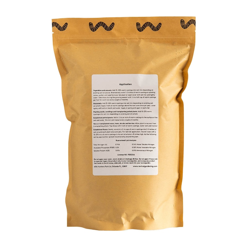 A brown resealable pouch with a white label that reads 'Application' and includes instructions for using worm castings for vegetables and annuals, perennials, seeds, seedlings and transplanting, and established plants. The label also includes a Guaranteed Lab Analysis table with information about the total nitrogen, available phosphate, soluble potash, water soluble nitrogen, total nitrogen, and ammoniacal nitrogen. The label also includes the company's logo and website address.