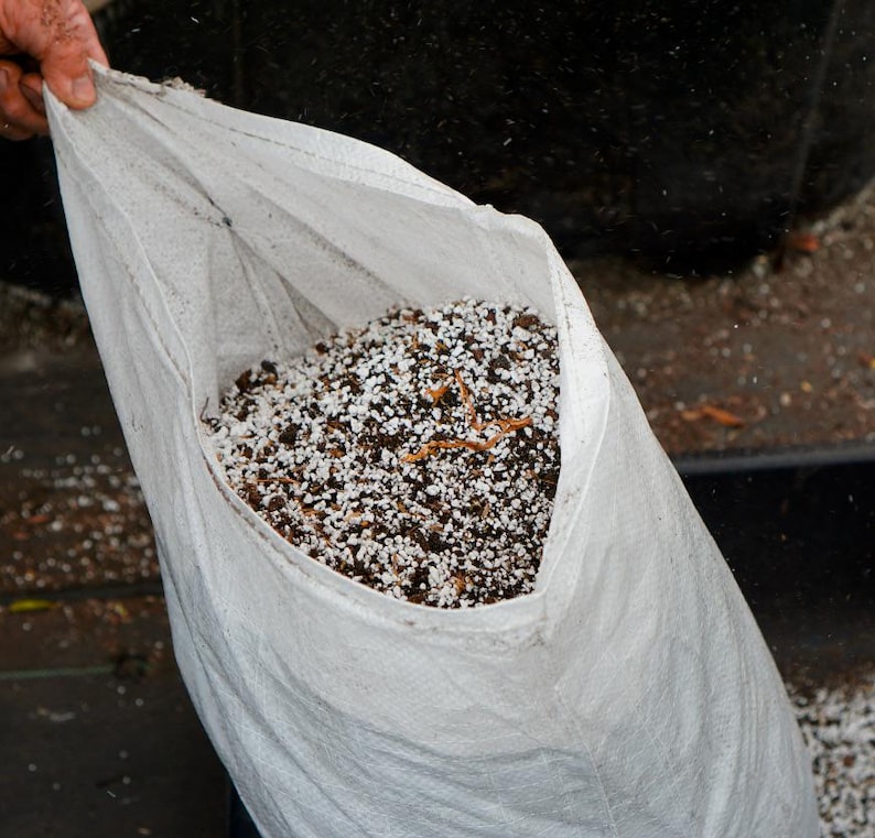 K&ouml;nnte beinhalten: Ein wei&szlig;er Plastiksack gef&uuml;llt mit Blumenerde. Die Mischung ist eine Kombination aus dunkelbrauner Erde, wei&szlig;em Perlit und kleinen Holzst&uuml;cken. Der Sack ist ge&ouml;ffnet und gibt den Inhalt frei.