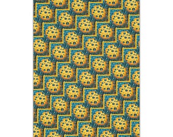 Peut inclure: Un textile à motifs présentant un motif répétitif de formes sphériques jaunes avec des taches sombres, sur un fond bleu sarcelle. Le motif est encadré par une bordure dorée, créant un motif géométrique visuellement attrayant. L'esthétique générale est moderne et ludique.