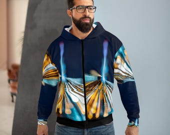 May include: A navy blue zip-up hoodie with a vibrant abstract design in shades of yellow, orange, and blue. The hoodie features a black zipper and a white interior lining. The design has a modern, artistic aesthetic.