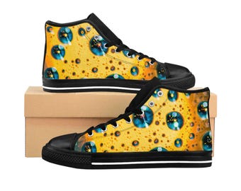 Yellow Abstract Art High Top Sneakers, Black Women’s Statement Shoes, Colorful Artistic Sneakers