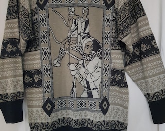 RARE Mondi vintage stylish slashneck, patterned, chic, shades of grey, with skiers in vintage Vogue picture-postcard detail. Wool mix. 1Size