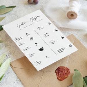May include: A white wedding invitation with a black and white timeline of events for the wedding day. The timeline includes the wedding ceremony, photo session, cocktails, wedding dinner, cake cutting, first dance, coffee and tea, and fireworks display. The invitation is decorated with simple black icons.