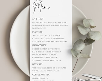 Puede incluir: Un menú en blanco y negro con la palabra "The Menu" en la parte superior. El menú enumera aperitivos, entrantes, platos principales, postres, café y té, y licores después de la cena.