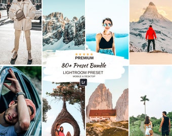 May include: A collage of images showcasing various landscapes and people. The text "PREMIUM 80+ PRESET BUNDLE LIGHTROOM PRESET MOBILE & DESKTOP" is displayed in the center of the collage.