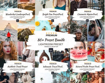 May include: A collage of images showcasing 80+ Lightroom presets for mobile and desktop. The presets are organized into categories such as Wanderlust Landscape Pack, Bright Fun PresetPack, Cinematic Hipster Pack, Aesthetic Trend Preset, Indonesia Travel Pack, and Natural Foodie Preset Pack.