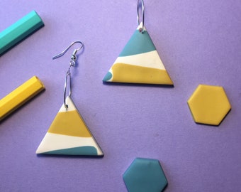 Abstract teal and mustard triangle drop polymer clay earrings