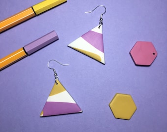 80s Abstract teal, mustard and purple triangle drop polymer clay earrings