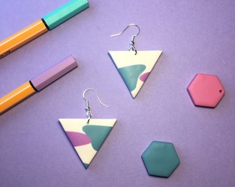 Abstract teal and purple triangle drop polymer clay earrings
