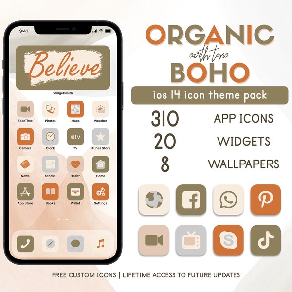 Earth Tone Boho iPhone iOS 14 iOS 15 App Icons Pack | Boho Aesthetic App Icon | Organic Earth Tone Theme Wallpaper | Home Screen Widget