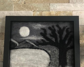 Needlefelted wall decor, Silvery moon over the lake, monochrome wool fibreart in frame